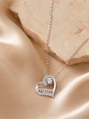 925 Sterling Silver 'Mom' Heart Pendant Necklace with Clear Crystal Accent